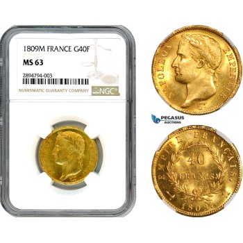 A10-208, France, Napoleon I, 40 Francs 1809 M, Toulouse Mint, Gold, Gad-1025, Very flashy! NGC MS63, Top Pop!