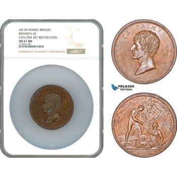 A10-209, France, Napoleon I, Bronze Medal AN VIII (1800), Cisalpine Republic Restoration, Bramsen-42, NGC MS61 BN, Top Pop and single finest graded!