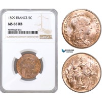 A10-222, France, Third Republic, 5 Centimes 1899, Paris Mint, NGC MS66 RB, Top Pop and single finest graded!