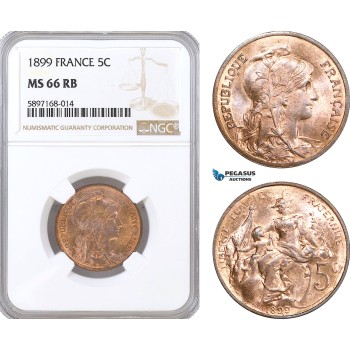 A10-222, France, Third Republic, 5 Centimes 1899, Paris Mint, NGC MS66 RB, Top Pop and single finest graded!