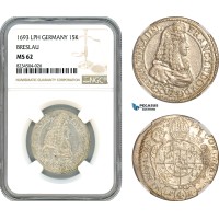 A10-230, Germany, Breslau, Franz Ludwig, 15 Kreuzer 1693 LPH, Silver, Kop-6950, Flashy with light toning, NGC MS62, Rare!