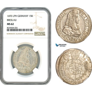 A10-230, Germany, Breslau, Franz Ludwig, 15 Kreuzer 1693 LPH, Silver, Kop-6950, Flashy with light toning, NGC MS62, Rare!