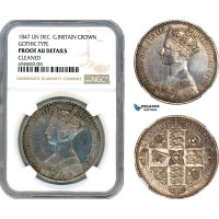 A10-259, Great Britain, Victoria, 1 Crown 1847, Gothic Type, Un Decimo Edge, Royal Mint, Silver, KM# 744, NGC Proof AU Details "Cleaned"