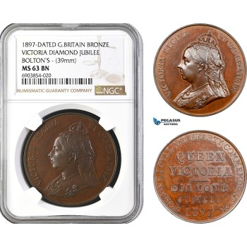 A10-261, Great Britain, Victoria, Bronze Medal 1897, Diamond Jubilee Bolton, 39 mm, NGC MS63 BN, Top Pop and single finest graded!