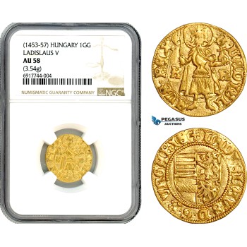 A10-275X, Hungary, Ladislaus V, Goldgulden ND (1455) K-R, Kremnitz Mint, Gold, (3.54g) Lengyel 29/6, Much remaining luster! NGC AU58