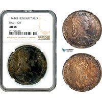 A10-290, Hungary, Maria Theresa, Taler 1743 KB, Kremnitz Mint, Silver, Dav-1126, Dark purple toning, NGC AU58