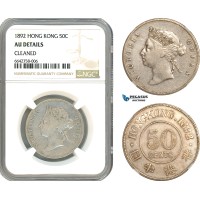 A10-293, Hong Kong, Victoria, 50 cents 1892, London Mint, Silver, KM# 9.1, Light toning, NGC AU Details "Cleaned"