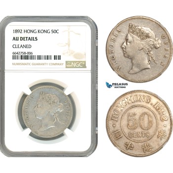 A10-293, Hong Kong, Victoria, 50 cents 1892, London Mint, Silver, KM# 9.1, Light toning, NGC AU Details "Cleaned"