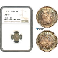 A10-294, India, Victoria, 2 Annas 1841 (C), Calcutta mint, Silver, KM# 459.2, Multicolour toning, NGC MS65