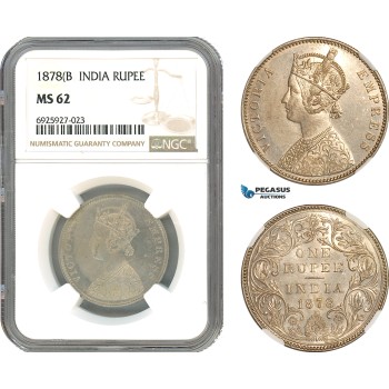 A10-297, India, Victoria, Rupee 1878 (B), Bombay Mint, Silver, KM# 492, Light toning, NGC MS62