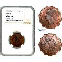 A10-310, Iraq, Ghazi I, 10 Fils AH1357 // 1938, London Mint, Bronze, KM# 103b, NGC MS64 BN