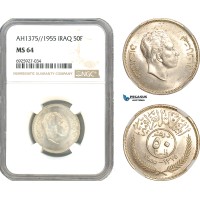 A10-312, Iraq, Faisal II, 50 Fils AH1375 // 1955, London Mint, Silver, KM# 117, Light toning, NGC MS64 