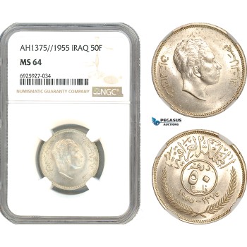 A10-312, Iraq, Faisal II, 50 Fils AH1375 // 1955, London Mint, Silver, KM# 117, Light toning, NGC MS64