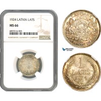 A10-334, Latvia, 1 Lats 1924, Silver, KM# 7, Multicolour toning, NGC MS66