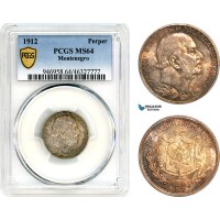 A10-336, Montenegro, Nicholas I, 1 Perper 1912, Vienna Mint, Silver, KM# 14, Multicolour toning, PCGS MS64, Top Pop and single finest graded!