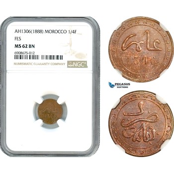 A10-347, Morocco, Moulay al-Hasan I, 1/4 Falus AH1306 (1888) Fes, KM# YC1, NGC MS62 BN