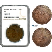 A10-351, Morocco, Moulay al-Hasan I, 4 Falus AH1310 (1893) Fes, KM# Y3, NGC AU53 BN