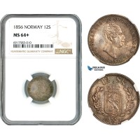 A10-420, Norway, Oscar I, 12 Skilling 1856, Kongsberg Mint, Silver, NM 33b, Multicolour toning, NGC MS64+  