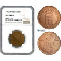 A10-423, Norway, Haakon VII, 5 Øre 1922, Kongsberg Mint, NM 156, NGC MS63 BN, Top Pop! Rare date!