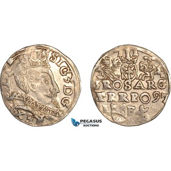 A10-442, Poland, Sigismund III, 3 Groschen (Trojak)  1597 IF MR, Lublin Mint. Silver, (2.49g), Iger L.97.25e, Light toning, VF-XF, Rare!