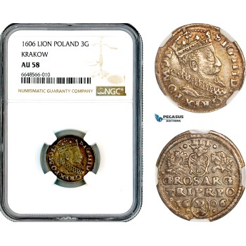 A10-446, Poland, Sigismund III, 3 Groschen (Trojak)  1606 (Lion), Krakow Mint, Silver, Iger K.06.3. R3, Amber toning, NGC AU58, Top Pop and single finest graded! Rare!