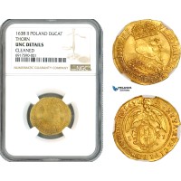 A10-452, Poland, Thorn, Vladislav IV, Ducat 1638, Thorn Mint, Gold, Frid-58, H.Cz.1795, R4, Very light cleaning on Obv, yet very lustrous! NGC UNC Details Cleaned, Rare!