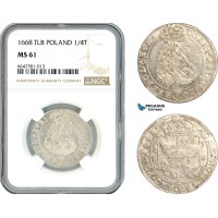 A10-453, Poland, John II Casimir, 1/4 Taler (Ort) 1668 TLB, Bydgoszcz Mint, Silver, Kop 1774, Light toning, NGC MS61, Top Pop and single finest graded! No other piece graded in MS!