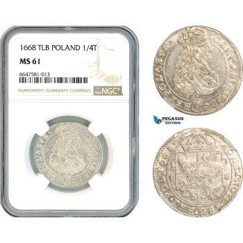 A10-453, Poland, John II Casimir, 1/4 Taler (Ort) 1668 TLB, Bydgoszcz Mint, Silver, Kop 1774, Light toning, NGC MS61, Top Pop and single finest graded! No other piece graded in MS!