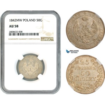 A10-460, Poland, Nicholas I. of Russia, 50 Groszy (25 Kopeks) 1842 MW, Warsaw Mint, Silver, Bitkin# 1248, Champagne toning, NGC AU58, Rare!