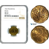 A10-461, Poland, 5 Groszy 1923, Warsaw Mint, Parchimowicz 103a, NGC MS64