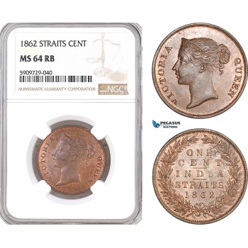 A10-705, Straits Settlements, Victoria, 1 Cent 1862, Calcutta Mint, Prid-1, NGC MS64 RB, Top Pop and single finest graded! Rare as such!