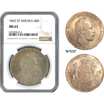 A10-716, Sweden, Carl XV, 4 Riksdaler 1863 ST, Stockholm Mint, Silver, SM. 16, Deep champagne toning! NGC MS63, Top Pop!