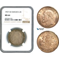 A10-718, Sweden, Oscar II, 2 Kronor 1907 EB, Stockholm Mint, Silver, SM. 60, Dark cabinet toning! NGC MS64