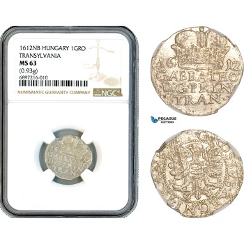 A10-731, Transylvania (Siebenbürgen), Gabriel Bathory, Groschen 1612, Nagybanya (Baia Mare) Mint, Silver (0.93g) Resch 168, NGC MS63, Top Pop!