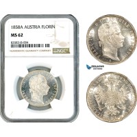 AK438, Austria, Franz Joseph, 1 Florin 1858 A, Vienna Mint, Silver, NGC MS62