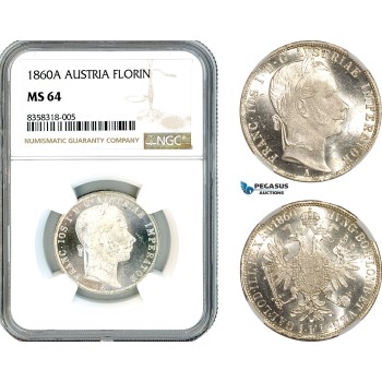 AK439, Austria, Franz Joseph, 1 Florin 1860 A, Vienna Mint, Silver, NGC MS64