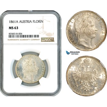 AK440, Austria, Franz Joseph, 1 Florin 1861 A, Vienna Mint, Silver, NGC MS63