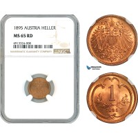 AK442, Austria, Franz Joseph, 1 Heller 1895, Vienna Mint, NGC MS65RD, Top Pop!