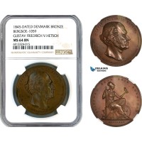 AK456, Denmark, 1845 Bronze Medal by Conradsen, Gustav Friedrich Hetsch, Owl, Minerva, NGC MS64BN