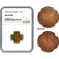 AK457, Denmark, Danish West Indies, Christian IX, 2 1/2 Bit / 1/2 Cent 1905, Copenhagen Mint, NGC MS64BN, Prooflike!