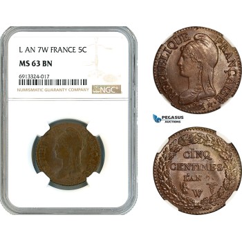 AK458, France, First Republic, 5 Centimes L'An 7 W (1798), Lille Mint, NGC MS63BN, Top Pop!