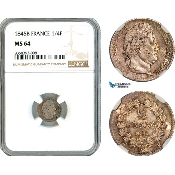 AK459, France, Louis Philippe I, 1/4 Franc 1845 B, Rouen Mint, Silver, NGC MS64