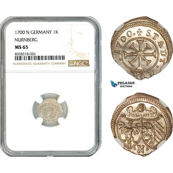 AK463, Germany, Nurnberg, 1 Kreuzer 1700 N, Silver, NGC MS65, Top Pop!