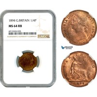 AK471, Great Britain, Victoria, Farthing (1/4 Penny) 1894, London Mint, NGC MS64RB