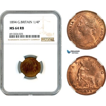 AK471, Great Britain, Victoria, Farthing (1/4 Penny) 1894, London Mint, NGC MS64RB