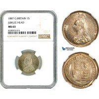 AK473, Great Britain, Victoria, 1 Shilling 1887, Jubilee Head, London Mint, Silver, NGC MS63