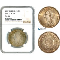 AK475, Great Britain, Victoria, 1/2 Crown 1887, Jubilee Head, London Mint, Silver, NGC MS63