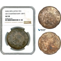 AK481, Japan, Meiji, 1 Yen M28 (1895), Gin Counterstamp (1897), Silver, NGC AU58