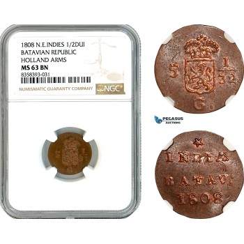 AK483, Netherlands East Indies, Batavian Republic, 1/2 Duit 1808, Holland Arms, NGC MS63BN