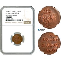 AK484, Netherlands East Indies, Batavian Republic, 1/2 Duit 1808, Holland Arms, NGC MS63BN